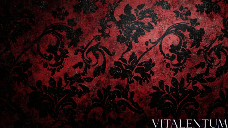 Baroque black damask pattern over distressed red wall