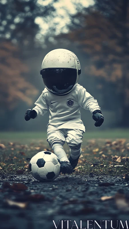 Tiny astronaut striker dribbling dreams across damp earth.