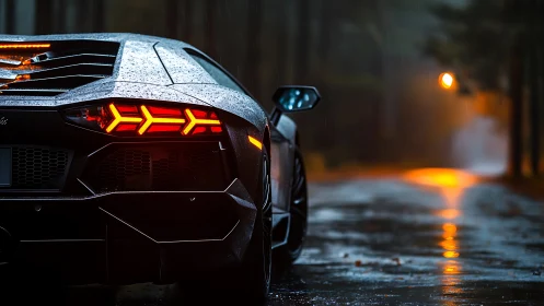 Rear view of black sports car on wet forest road at dusk.