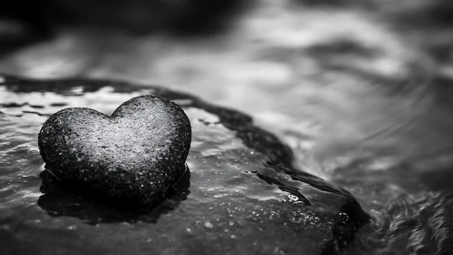 Heart-shaped stone wet on dark water.