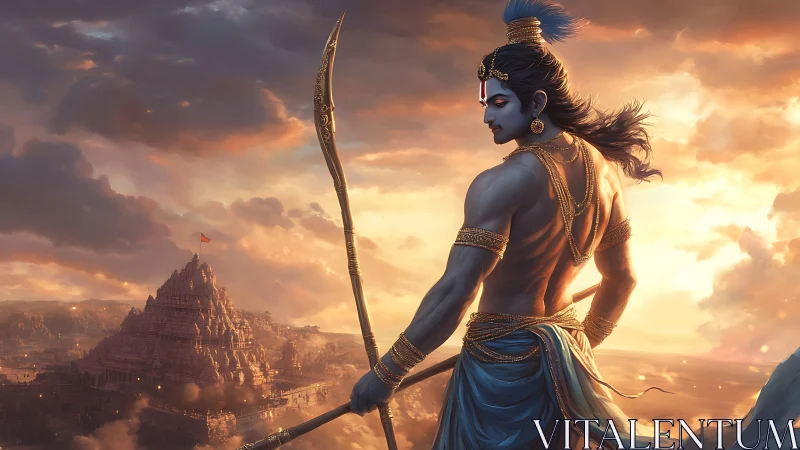 Sunlit warrior deity guards a distant celestial temple.