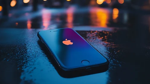 iPhone on Wet Surface with City Lights Bokeh.