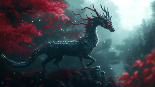 Dark quadruped dragon stands on rocks in red forest mist