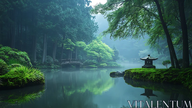 Peaceful misty garden pond with bridges and quiet lantern.