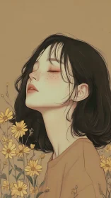 Freckled girl in profile amid yellow wildflowers at dusk.