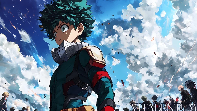 Young hero under restless skies steps toward tomorrow.