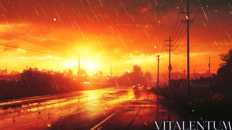 Sunset road shows wet asphalt and heavy diagonal rainfall