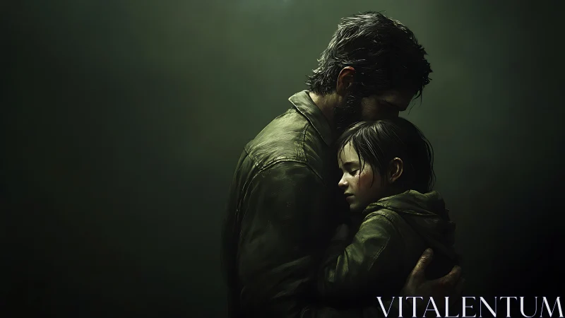 Somber father and child embrace in dim cinematic light.