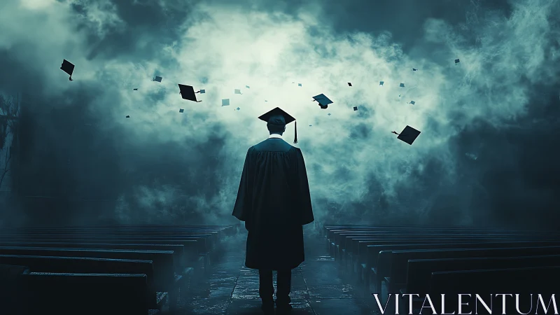 Graduate stands alone in foggy hall as caps swirl overhead