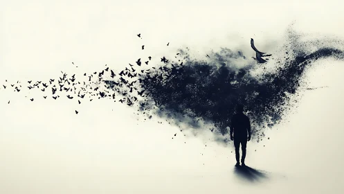 Shifting silhouette quietly dissolves into scattering dark birds