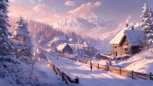 Snowy mountain village glowing in soft pink winter light.