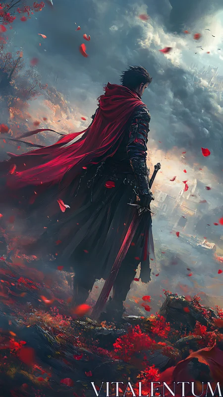 Crimson-cloaked wanderer greets the storm-lit ruined kingdom