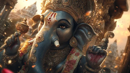 Majestic Lord Ganesha in radiant golden temple light.