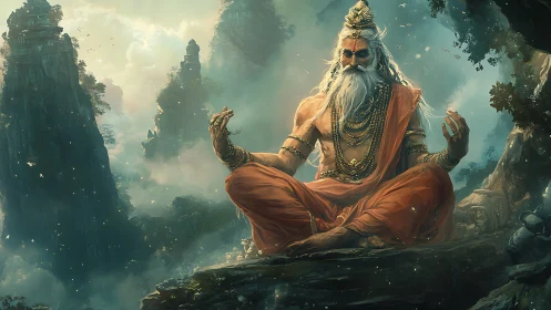 Mystic yogi meditating on misted cliff in mountainous gorge