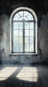 Arched window casts long shadows onto worn wooden floor.