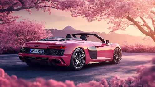 Convertible sports car is parked under dense pink blossoms