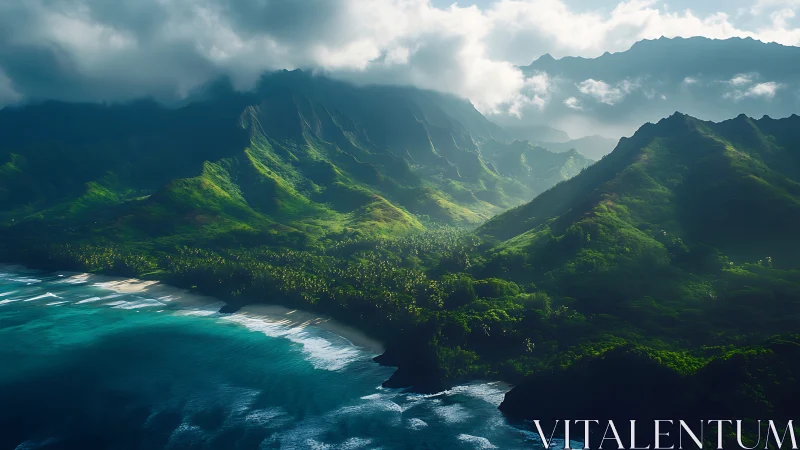 Lush tropical valley meeting turquoise ocean with dramatic peaks