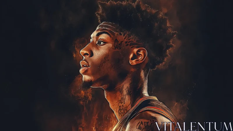 Flame-lit profile study of tattooed basketball athlete portrait.