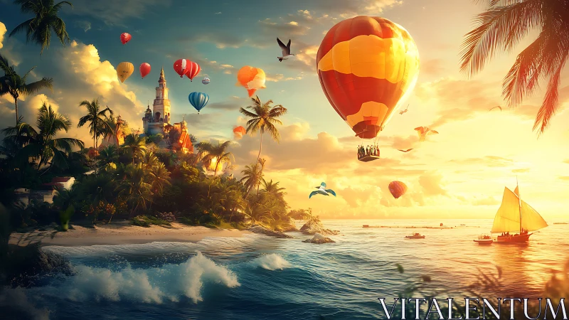 Sunlit tropical island with balloons, castle skyline and dynamic surf