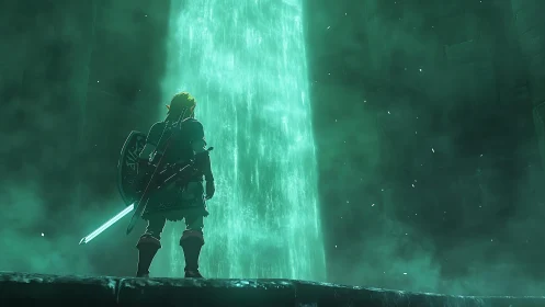 Armored hero facing towering emerald energy cascade.