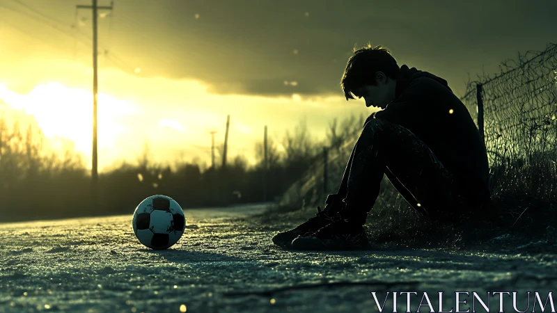 Lonely boy sits by rural road at sunset with soccer ball.