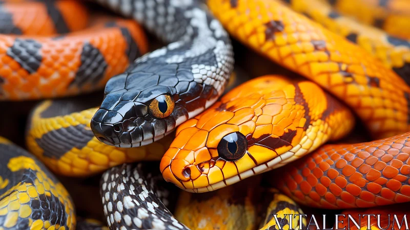 Colorful snakes rest together in a bright, patterned tangle