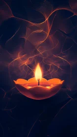 Glowing lotus candle with abstract orange light trails.