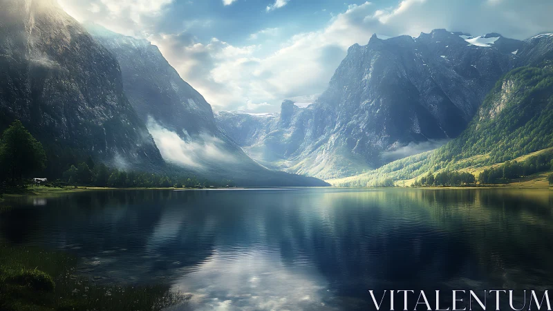 Mountain lake valley with calm water and layered clouds.