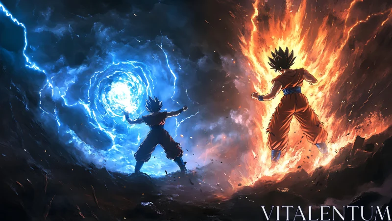Dual-energy martial avatars in symmetrical elemental clash.