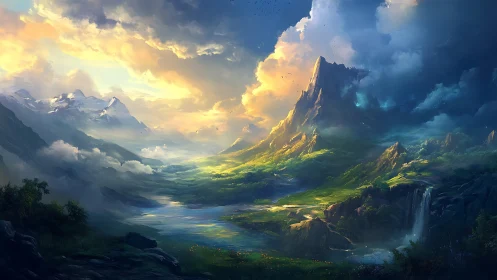 Epic alpine valley rendered with dynamic atmospheric lighting gradients