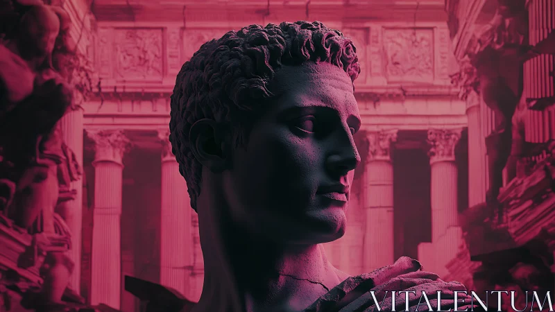 Chromatic reimagining of Roman bust amid neoclassical colonnade.