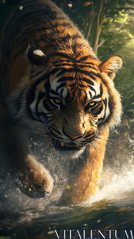 Stalking tiger surging through sunlit river shallows.