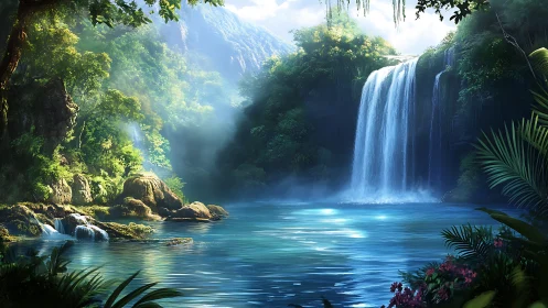 Lush tropical waterfall basin under luminous forest light.