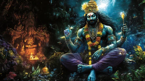 Mystical blue deity in a glowing underwater forest temple.