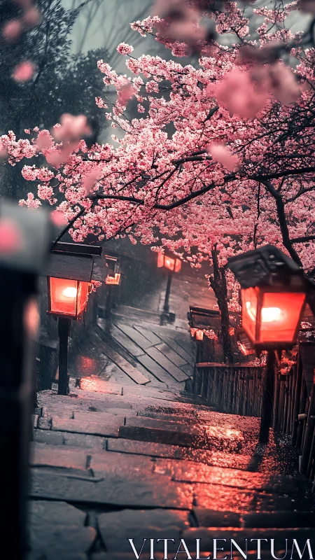 Rainy stone stairway under cherry blossoms with lantern light.