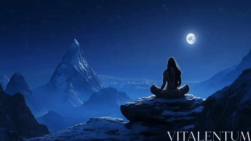 Moonlit mountain meditation over silent snowy peaks.
