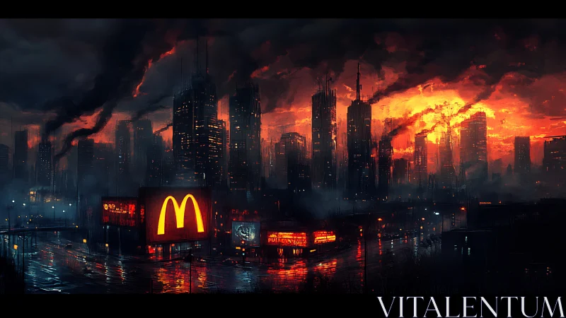 Neon fast-food beacon in blazing dystopian megacity dusk.