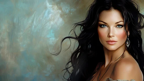 Digital portrait of dark haired woman with teal backdrop.