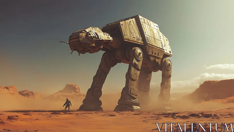 Colossal desert walker stalks a lone explorer in rusted light