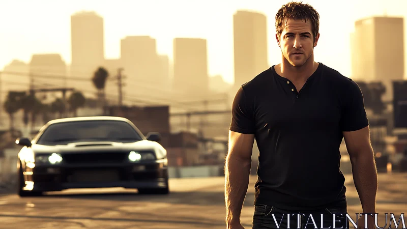 Sunlit city streets with a confident driver and sleek car.