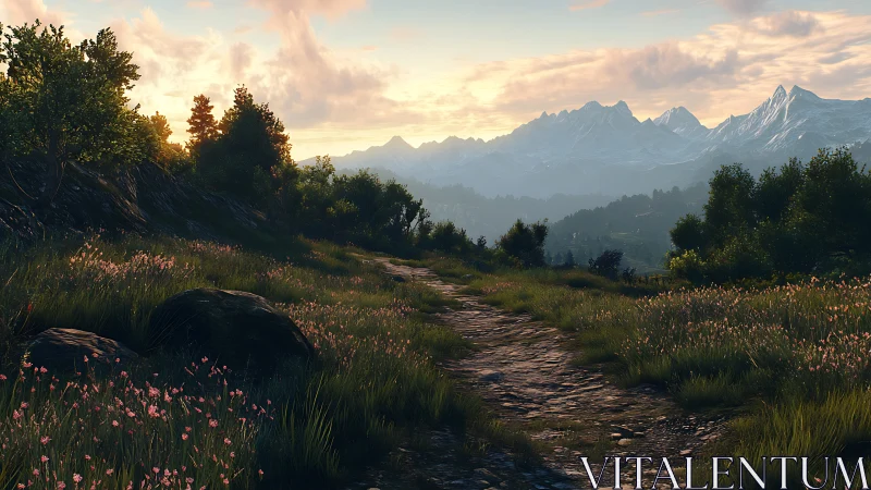 Stone path crosses grassy hillside toward distant mountains