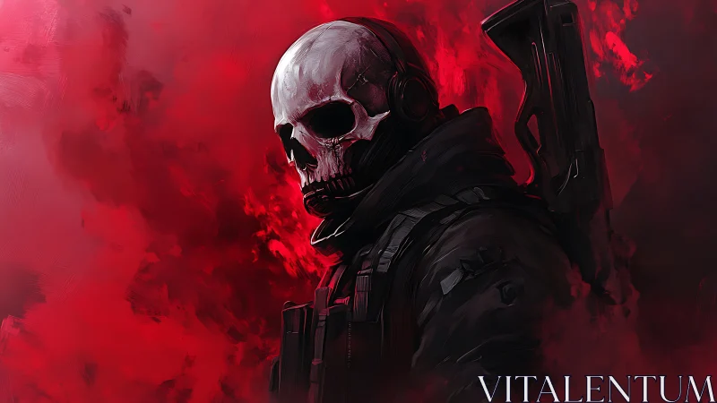 Armored figure with skull helmet stands in dense red haze