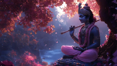 Blue-skinned deity plays flute under glowing riverbank canopy