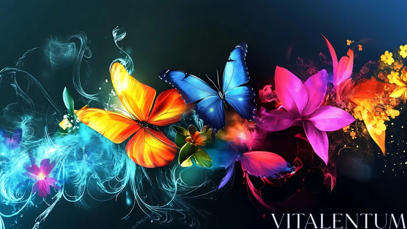 Digital painting of neon butterflies with florals on dark ground.