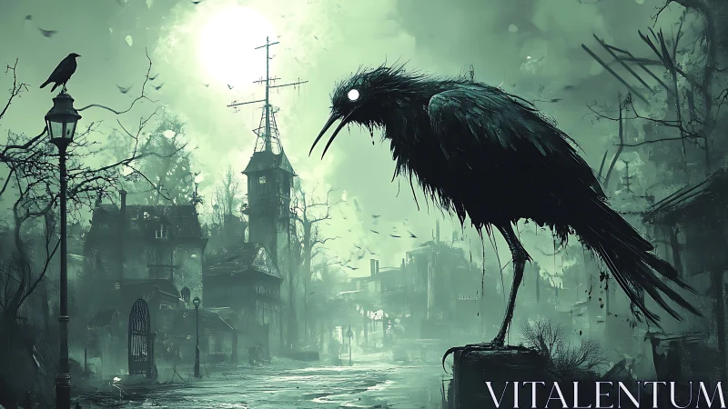 Moonlit raven sentinel haunting a fog-drowned ghost town.