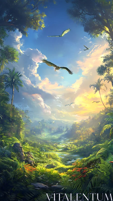 Sunlit jungle valley opens beneath soaring tropical birds