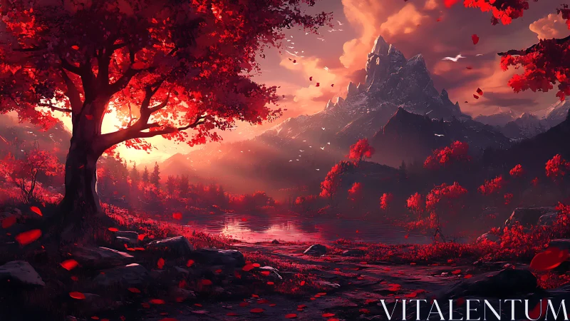 Sunset illuminates red forest valley with distant mountains