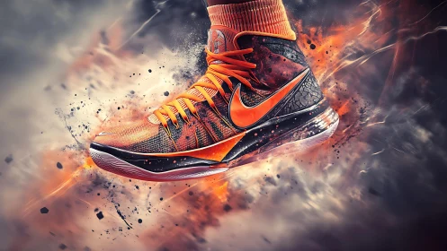 Orange athletic sneaker with explosive fiery motion backdrop.