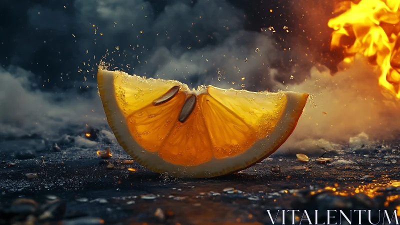 Lemon wedge with seeds on fire against dramatic sky