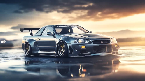 Widebody Nissan GT-R R34 at sunset, cinematic 3D render.